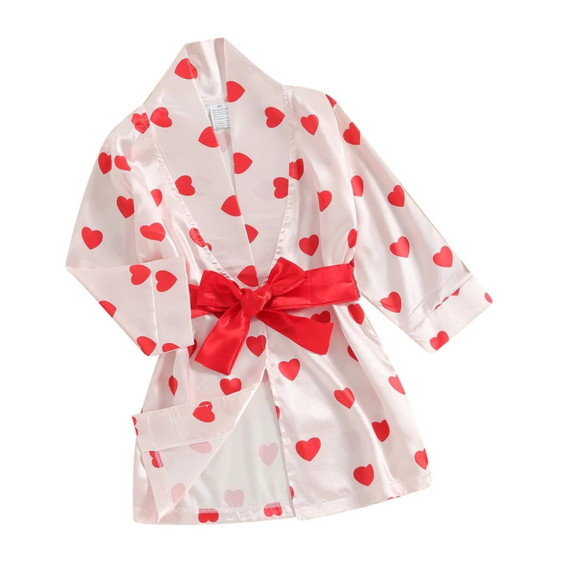 

Baby Girl 2 Piece Pajama Set Long Sleeve Heart Print Satin Kimono Robe + Solid Color Belt Infant Toddler Sleepwear Outfits