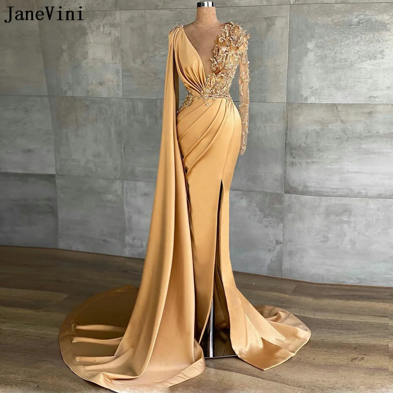 

JaneVini Arabic Dubai Sparkly Gold Mermaid Evening Dresses Long Sleeves Beaded Feathers Night Dress Women Formal Prom Gala Dress