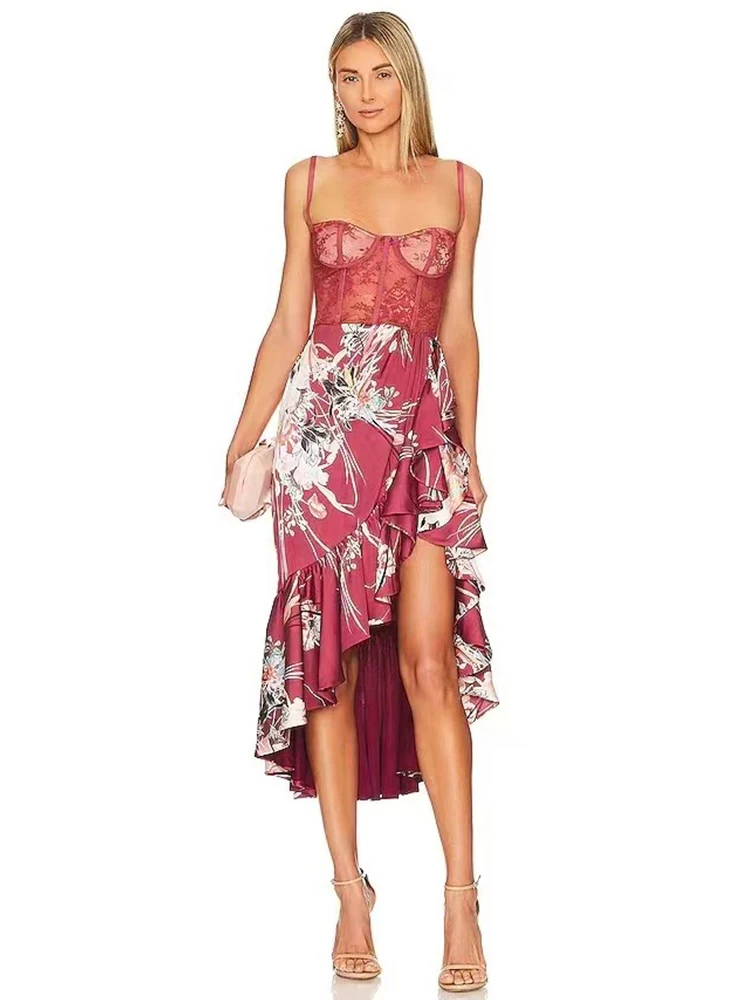 

Vintage printed satin lace high-waisted strapless halter dress Women's new summer fashion draped hip ruffled irregular skirt