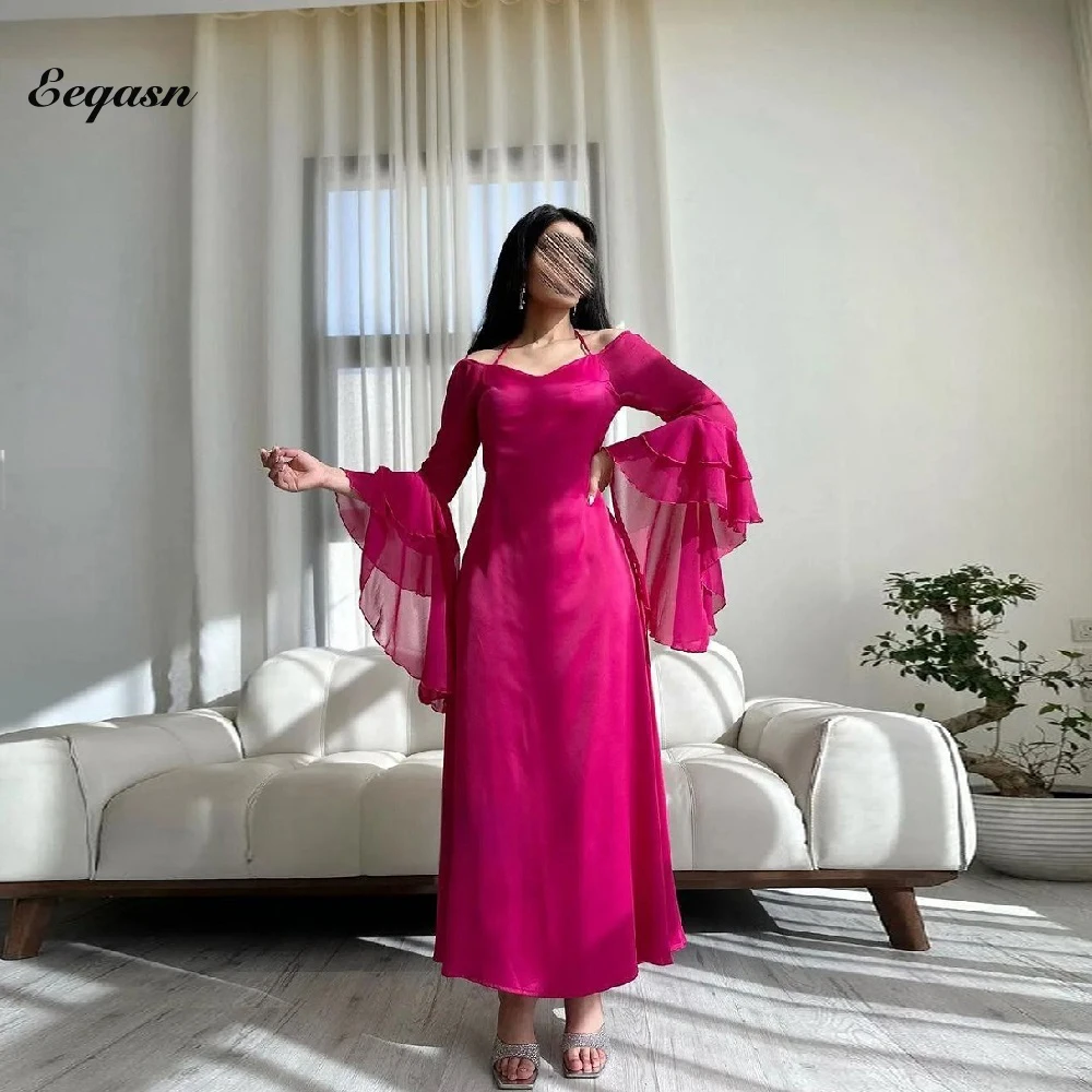 Fuchsia Trumpet Sleeve Evening Dress Vestidos De Noche Elegant Ankle Lenght Prom Dresses Chiffion Mermaid فساتين السهرة