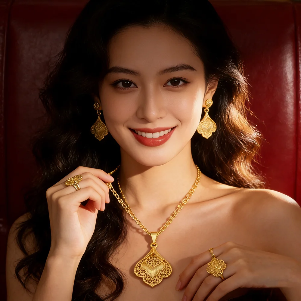 Elegant Gold-Tone Jewelry Set for Women - Necklace, Earrings, and Ring - Perfect Party Accessories and Thoughtful Gift