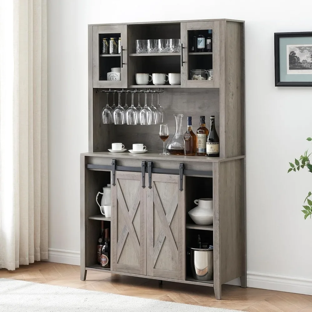 Farmhouse Coffee Bar Cabinet with Sliding Barn Door, 70" Tall Buffet Cabinet with Storage Shelves, Liquor Wine
