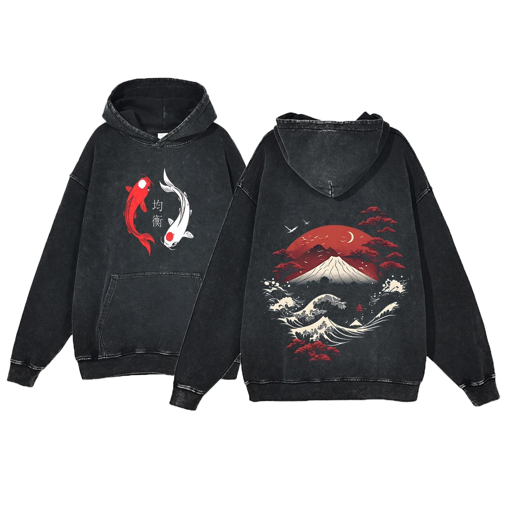 Y2K Anime Hoodie Ukiyoe Koi Fish Vintage Acid Wash Sweatshirt Men Hip Hop Hoodies Long Sleeve Oversized Harajuku Gothic Pullover