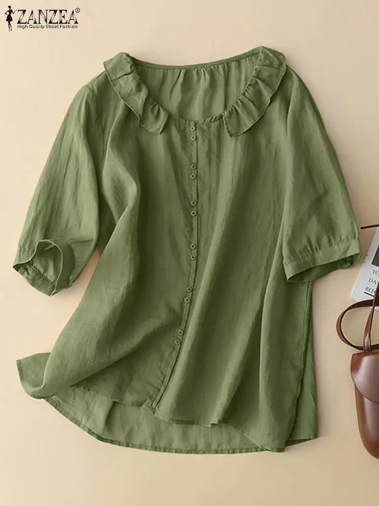 

ZANZEA Summer Elegant Work Blouse Women O Neck Half Sleeve Shirt Elegant Ruffles Holiday Tops Chemise Vintage Button Busas Tunic