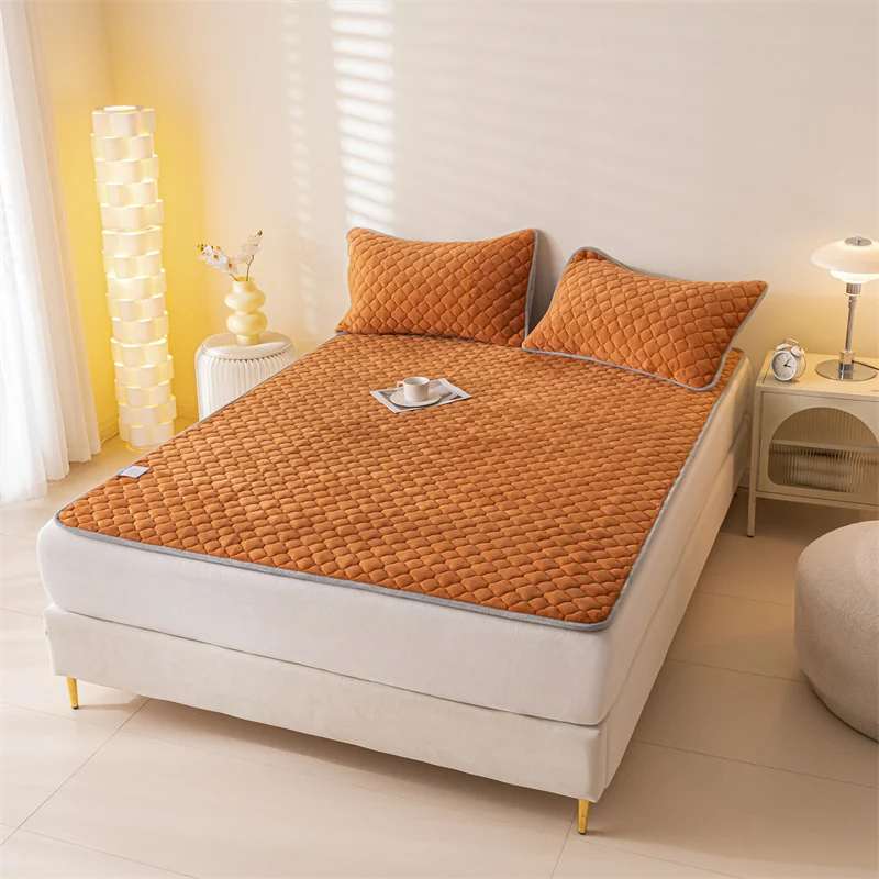 3 pieces milk fleece-padded mattress cover pillowcase soft comfortable warm bedding machine washable bedroom
