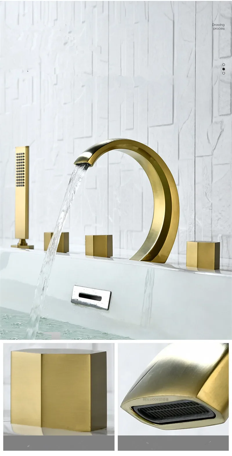 Description Picture 5 of itemGray Bathtub Faucet Widespread Tub Sink Mixer Tap Brushed Gold Brass Bathroom Bath Shower with Hand shower Head
