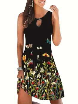 Plus Size 1XL-5XL New Women Fashion Sleeveless Floral Print Casual Bohemian Beach Dress Robe