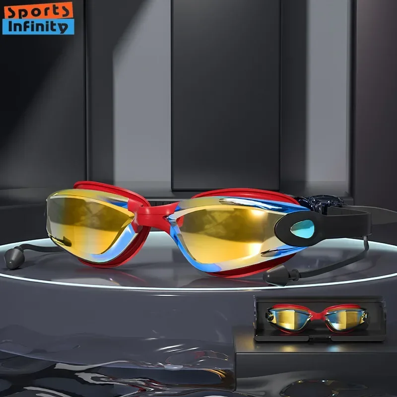 High Definition Swimming Goggles Waterproof Anti Fog Electroplated with Integrated Earplugs Box