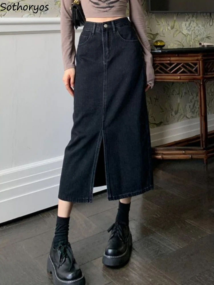 

Denim Midi Skirts Women Retro Washed Ulzzang High Waist Fashion Streetwear All-match Sexy Front-slit Design Chic Female Students