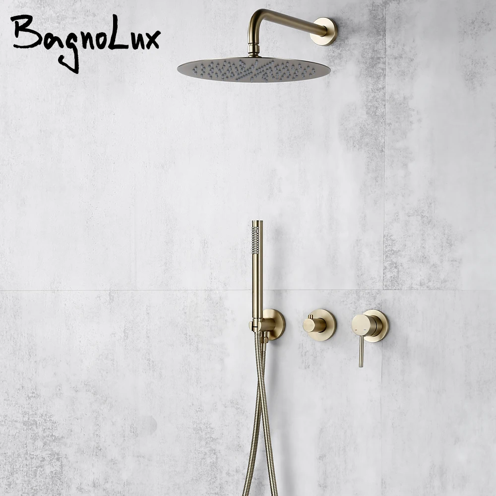 Bagnolux Wall Mounted Brass Brushed Gold Water Contral Valve Rain Shower Head Handheld Holder Hose Bathroom Faucet