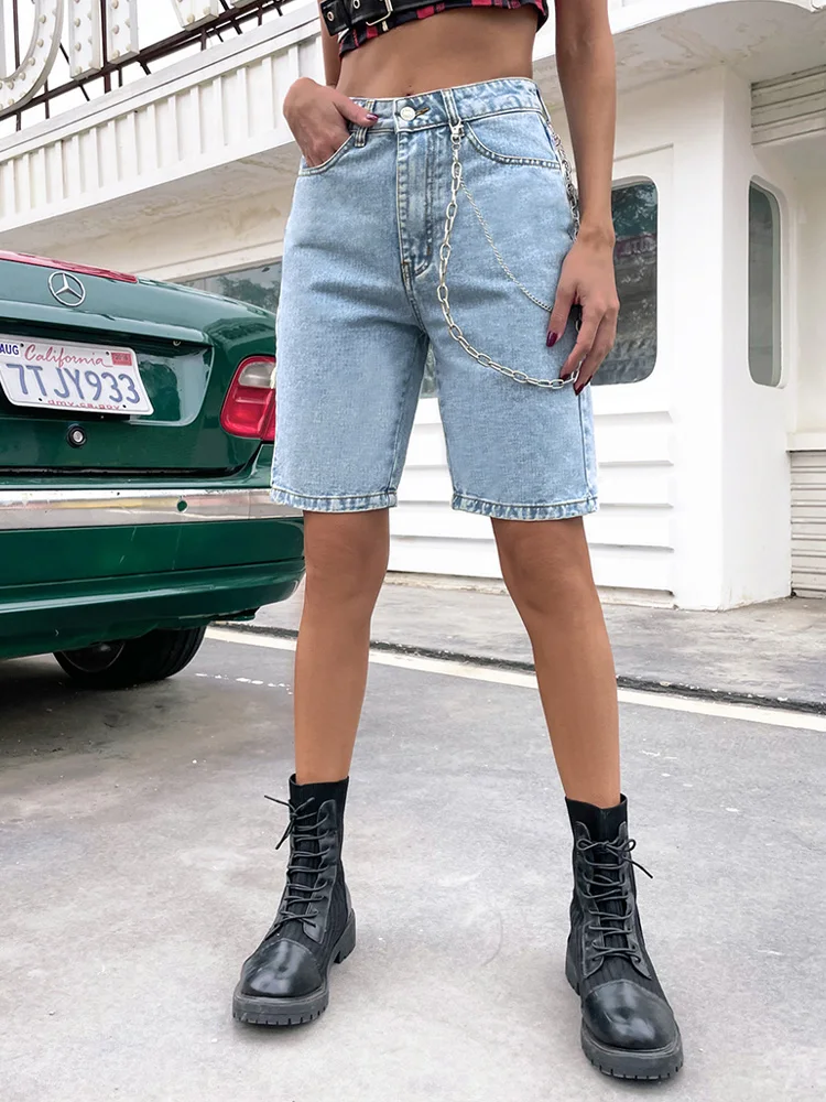 

Benuynffy Chain Detail Destroyed Biker Shorts Women 2023 Summer Ripped Denim Shorts High Waist Casual Streetwear Shorts Jeans