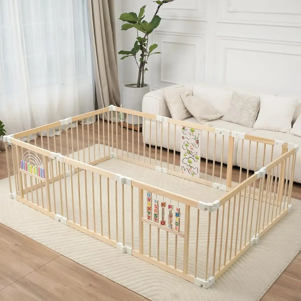 Foldable Wooden Baby Playpen with Adjustable Size and Gate