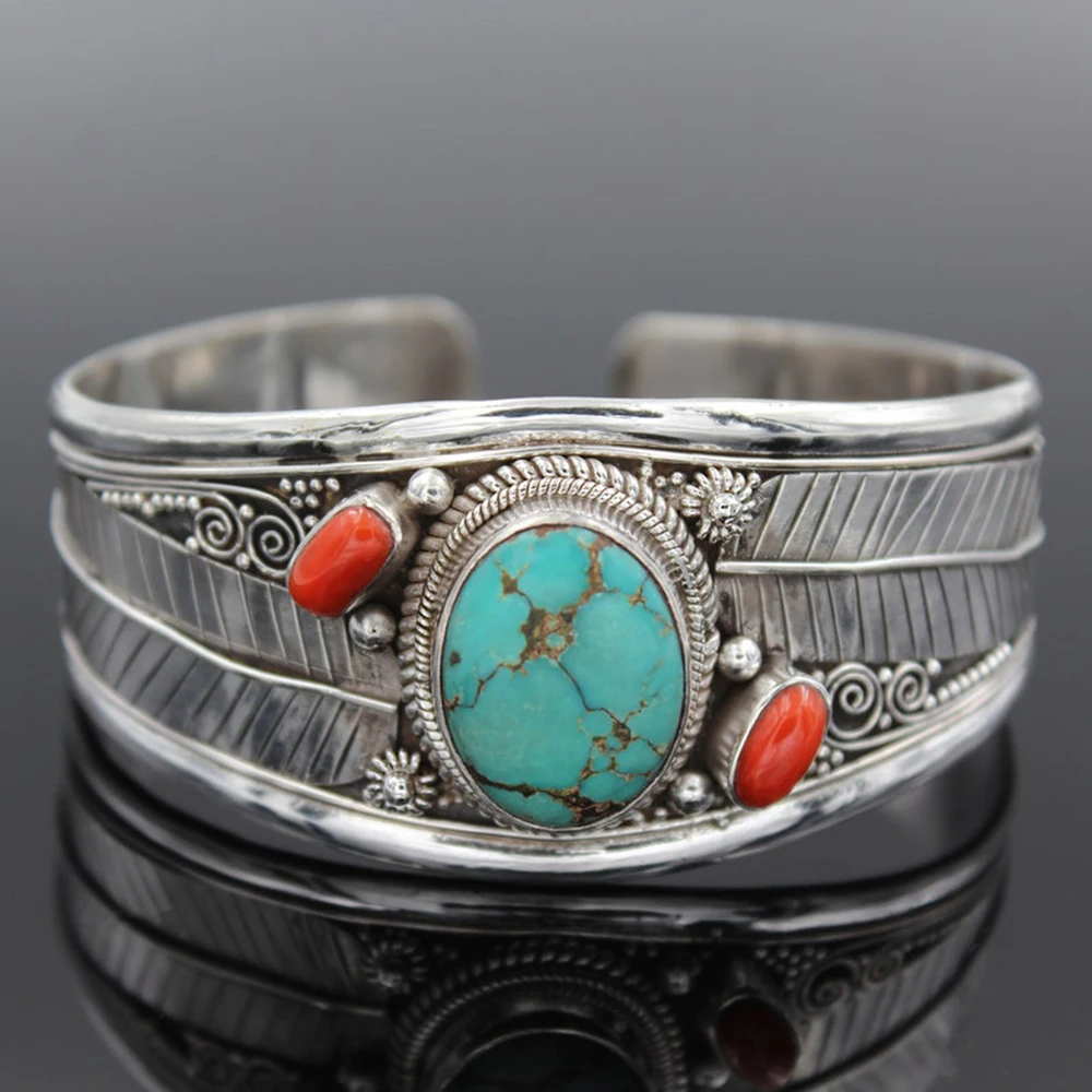 Stone Bracelet Antique Silver Color Leaf Red Blue Natural Stone Bracelet Bangle for Women Simple Open Bohemian Luxury
