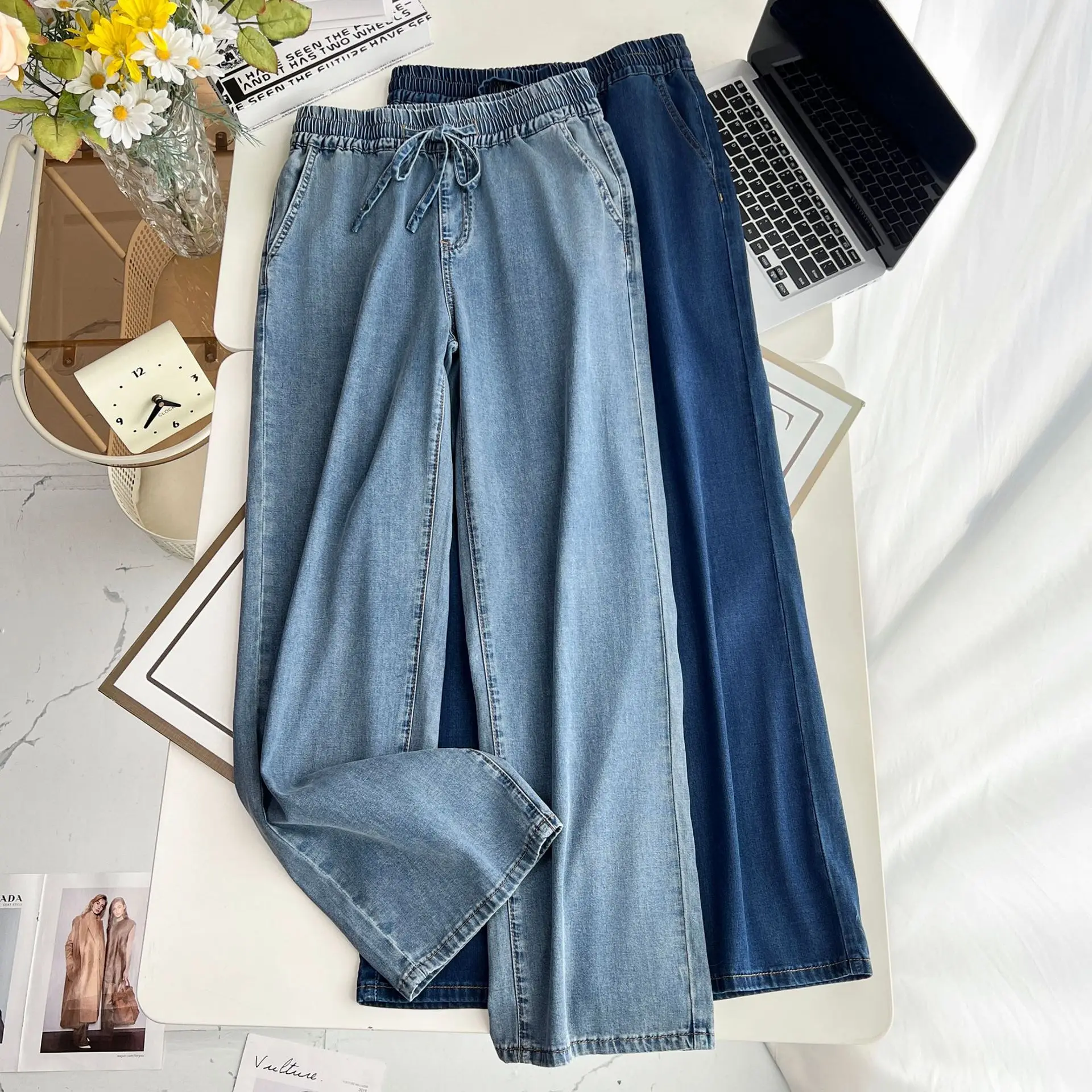 Summer 100KG Plus Size Thin Wide Leg Jeans Casual Premium Drawstring Elastic Waist Lyocell Denim Straight Pants For Women 9365