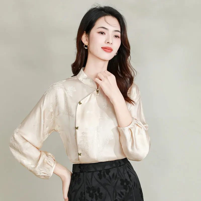 New Chinese Style Office Lady Nude Shirt Silk With Landscape Patterns Jacquard Tops Mandarin Collar Slanted Placket Shirts Women new chinese style office lady nude shirt silk with landscape patterns jacquard tops mandarin collar slanted placket shirts women