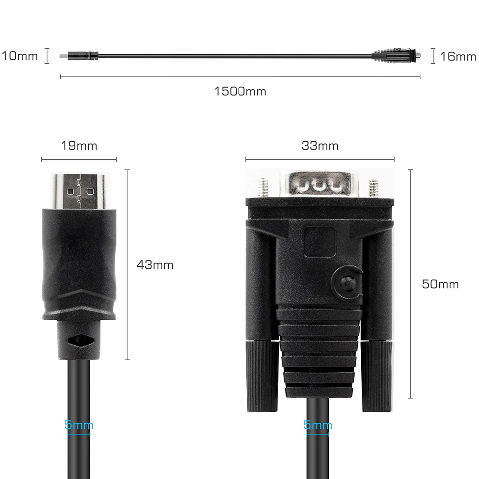 1.5m HDMI VGA Cable HDMI to VGA Cable Cord Audio Video Male to Male Cable Monitor HDTV Projector