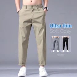 Summer Ultra-thin Men's Ice Silk Casual Pants Fashion Solid Color Loose Business Straight Ankle Length Trousers Black Gray Khaki