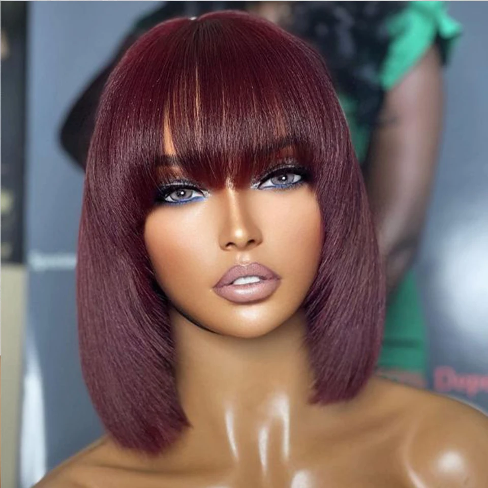 

99J 180% Density Straight Bob Human Hair Wig With Bangs Full Machine Made Wigs For Women Dark Burgundy Colored Short Bob Wigs