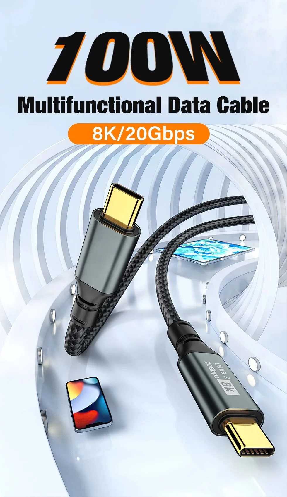 USB-C PD100W ThunderBolt 3 8K 고속 충전 케이블 0.5m 1m 1.5m 2m 3m 아이폰 맥북용