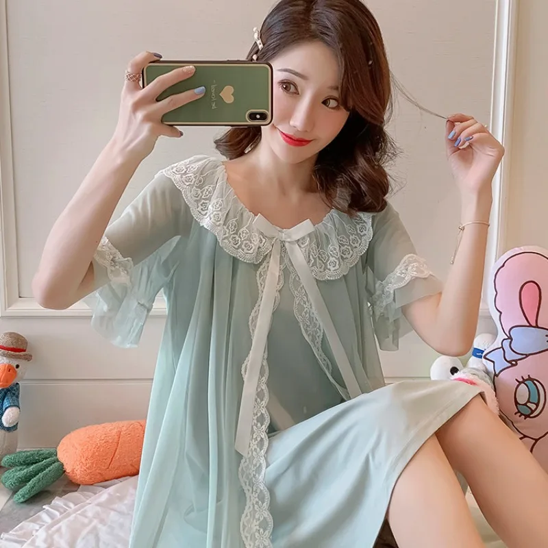 Fairy Nightdress Woman New Summer Inner Cotton Short Sleeve Princess Court Fairy Wind Lace Sexy Ice Silk Pajama Woman Sleepwear