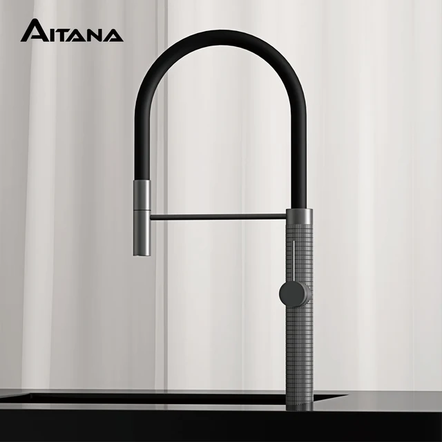 สีดำก๊อกน้ำห้องครัวทองเหลือง High-End หรูหราออกแบบหลุมเดียวดึงดึง-Out ร้อนเย็นคู่ควบคุม Tap 1