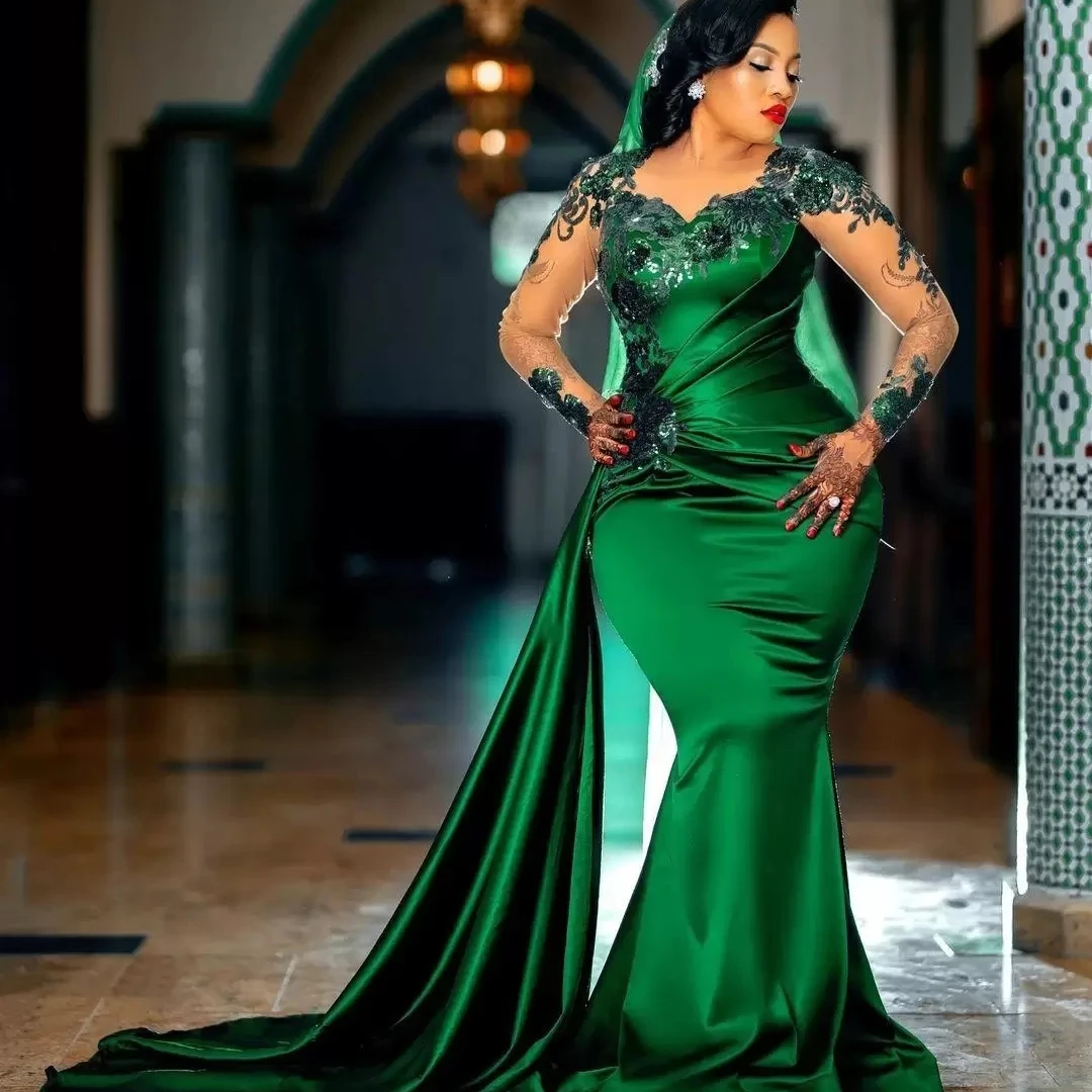 

Green Women Satin Prom Dress Mermaid Sexy Long Sleeve Lace Appliques Train Square Collar Formal Evening Vestidos De Gala 2023