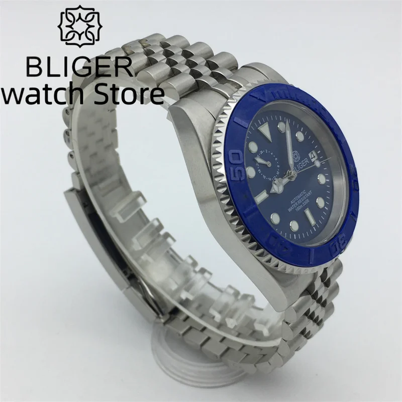BLIGER 40mm NH37Luxury Blue Luminous Dial Men's Automatic Watch Sapphire Glass Date Ceramic bezel/Silver Jubilee/Oyster Bracelet