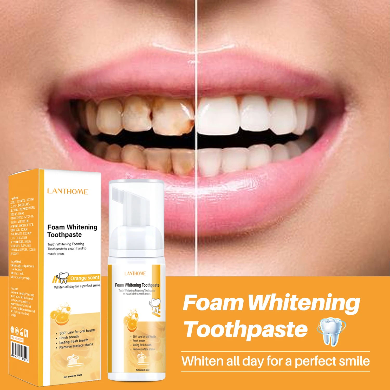 

3pc Teeth Whitening Toothpaste Foam Mousse Orange Essence Reduces Plaque Brightens Teeth Prevents Tooth Decay Keeps Fresh Breath