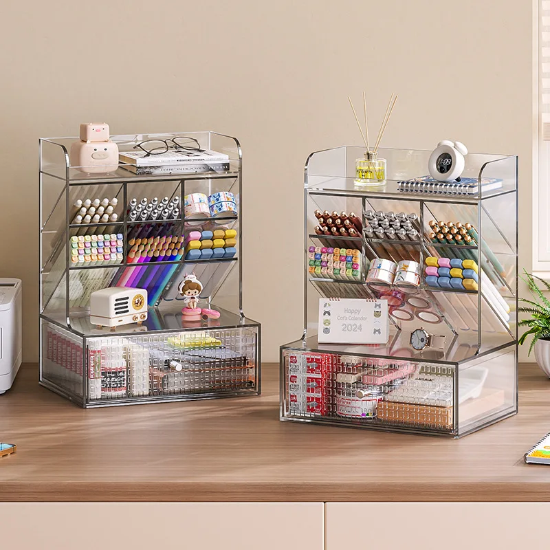 Clear Desk Organizer, Desk Accessories Holder with Drawers,Makeup Brush Storage Organizer for Office School Home Supplies 3