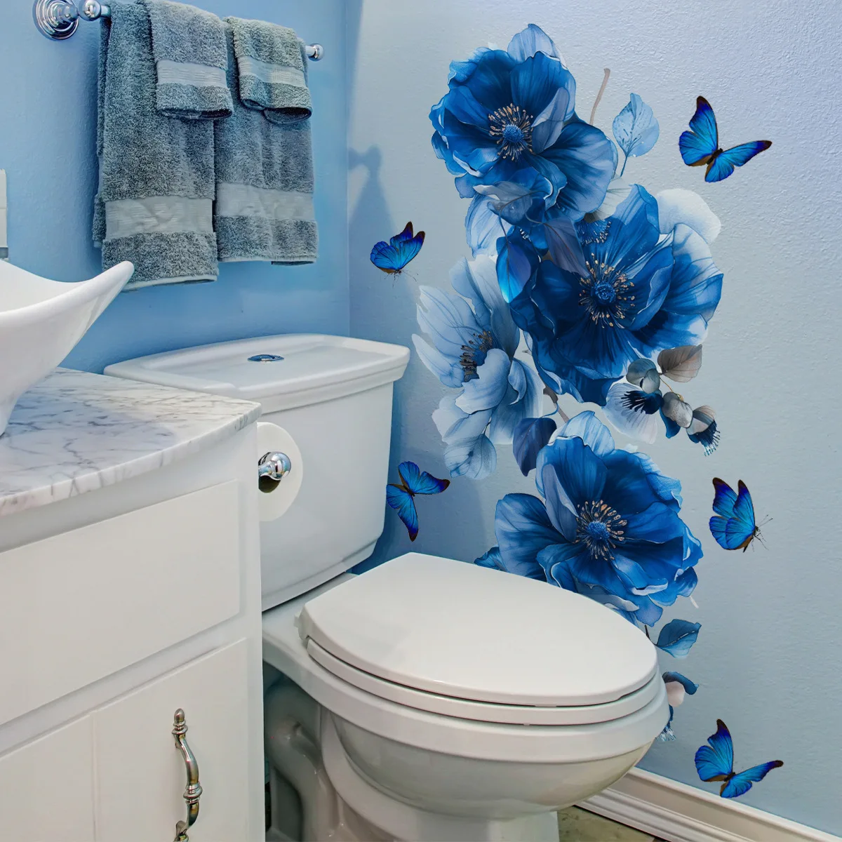 Blue Floral Butterfly Wall Sticker - Self-Adhesive Decal for Living Room, Bedroom, Bathroom & Bathtub Background Wall Decoration