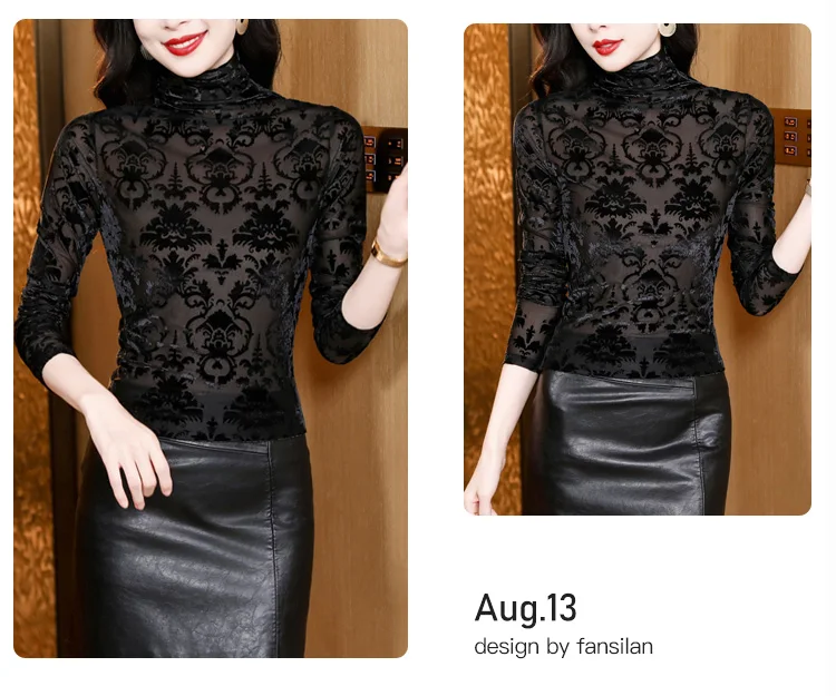 High Collar T Shirt - Korean Fashion Floral Mesh Long Sleeve Tees For Women
