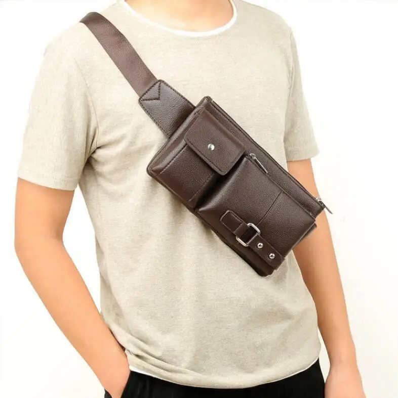 Casual PU Leather Business Shoulder Bag Crossbody Travel Sports Outdoor Sling Pack Messenger Pack Chest Waist Bag for Male