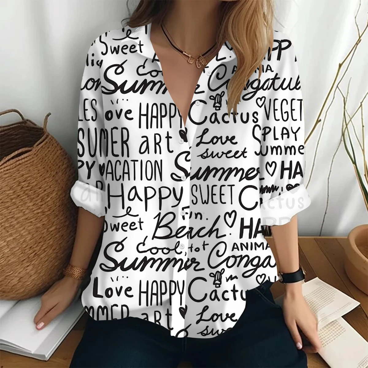 

Solid Letter Button Printing Blouses Women Fashion Lady Sexy V Neck Long Sleeve Shirt Casual OL Turn-down Collar Cardigan Tops
