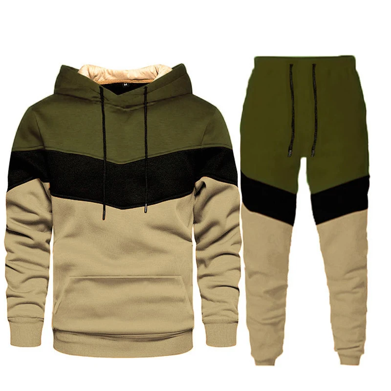Autumn Winter Loose Casual Patchwork Hoodies Elastic Waist Sweatpants Set Male Fashion Pocket Pullover Hooded Top Pants Suit Men