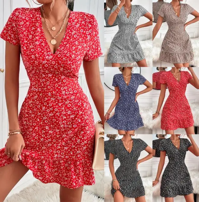 

Women's Dress Summer V-Neck High Waist Short Skirts Party Beach Holiday Lady Slim Fit Flared Mini Dresses A-Line Famale Clothes