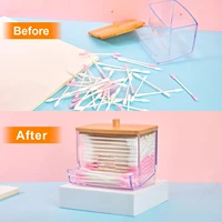 1Pcs Cotton Swab Holder, Cotton Swab Dispenser with Bamboo Lids,Bamboo Bathroom Storage Jars Storage Containers Clear Plastic 2
