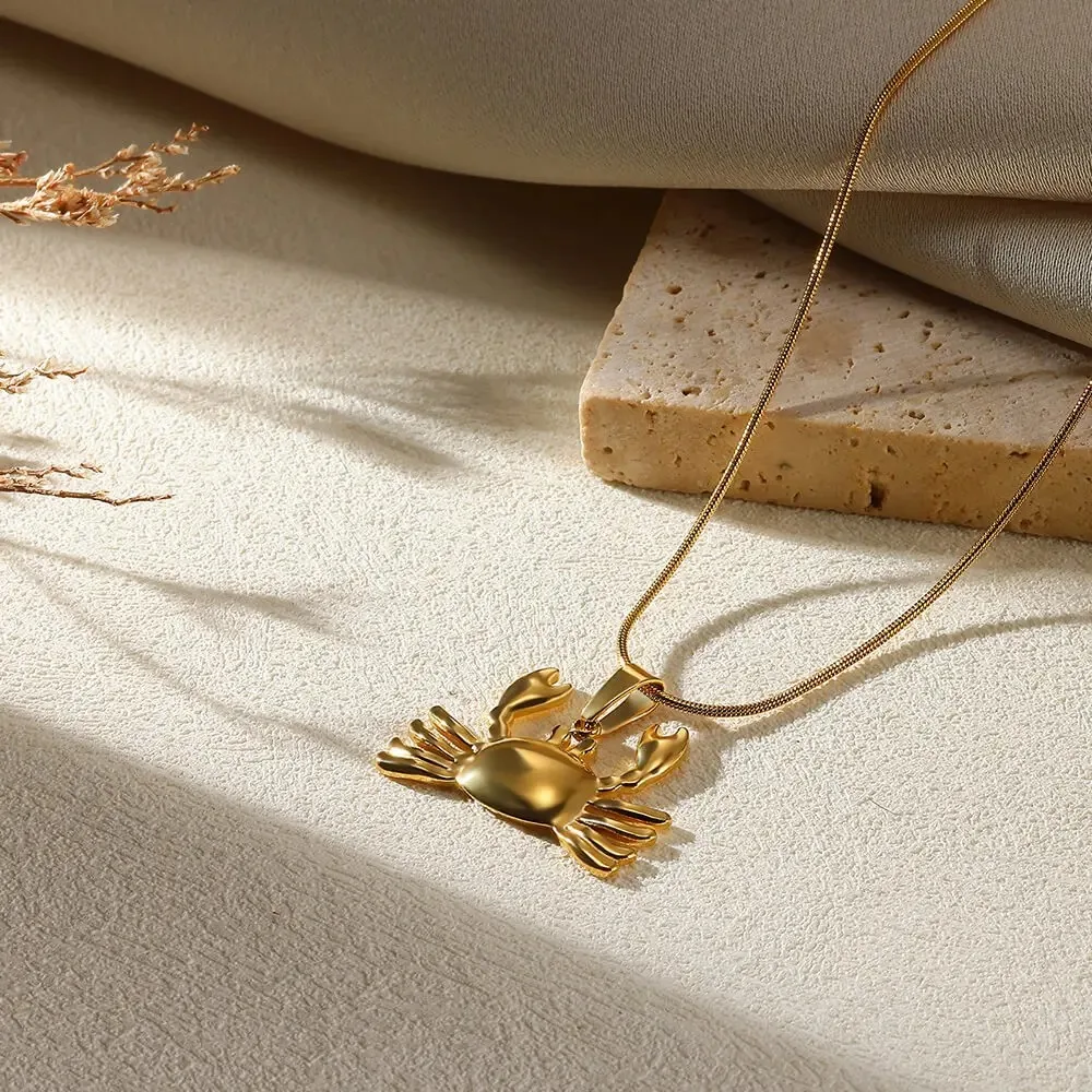 Stainless Steel Crab Pendant Necklace For Women 18K Gold Plated