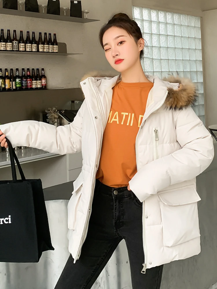 

FORERUN Winter Jackets for Women 2022 Real Fur Collar Cotton Padded Warm Parkas Solid Hooded Female Puffer Coat -20centigrade