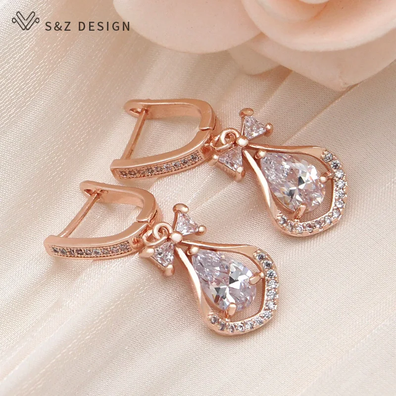 S&Z DESIGN New Fashion Water Drop Cubic Zirconia Bowknot Dangle Earrings For Women Wedding 585 Rose Gold Color Jewelry Gift