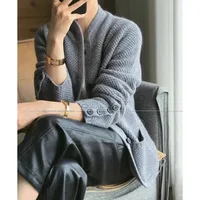 Autumn Winter New Thickened 100% Cashmere Wool Cardigan Women Stand Neck Sweater Sweater Loose Knit Base Wool Sweater Jacket - Image 4