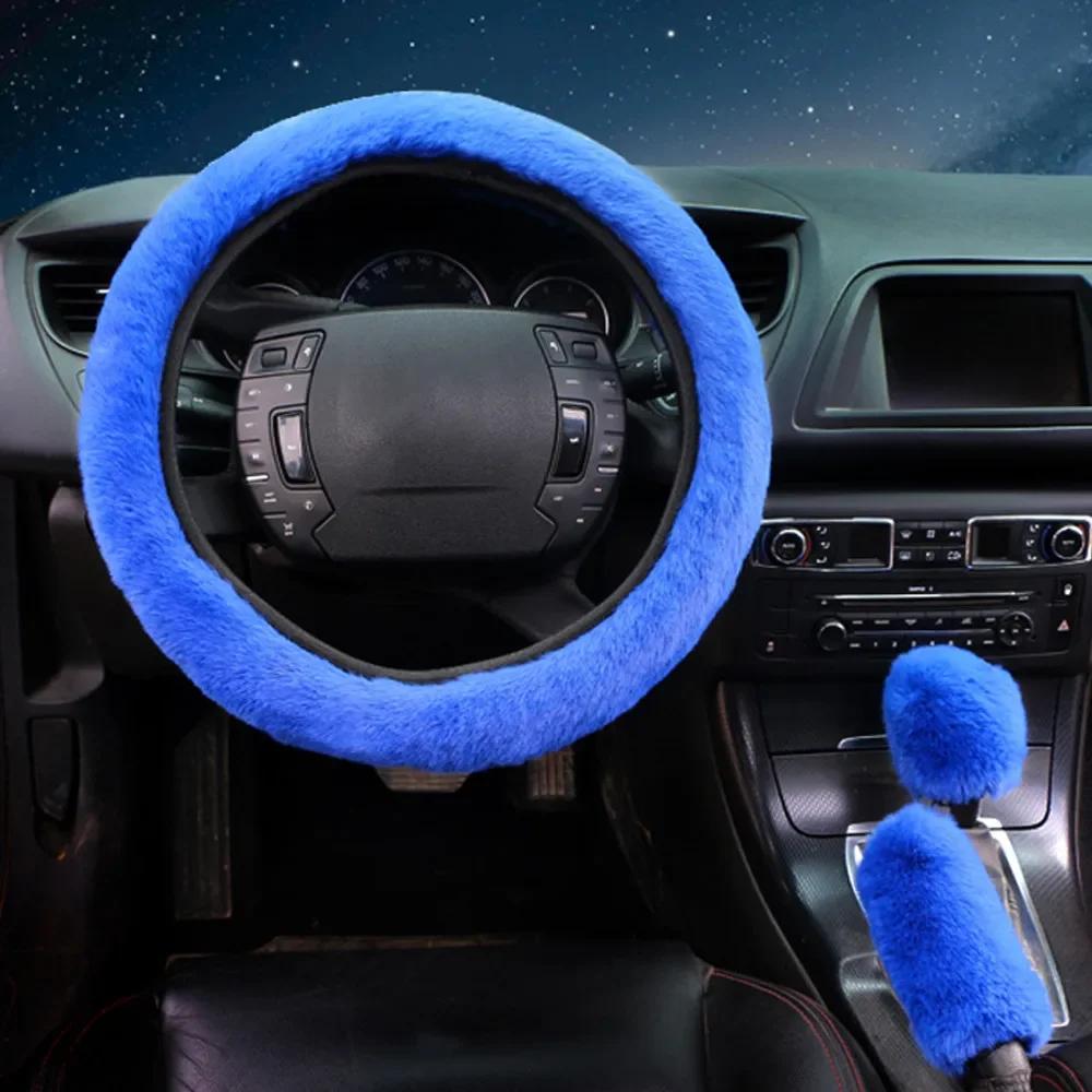1 Set Of Fluffy Thick Auto Car Steering Wheel Plush Cover Soft Wool + Handbrake & Shift Gear Cover Pink/Blue/Purple/Black