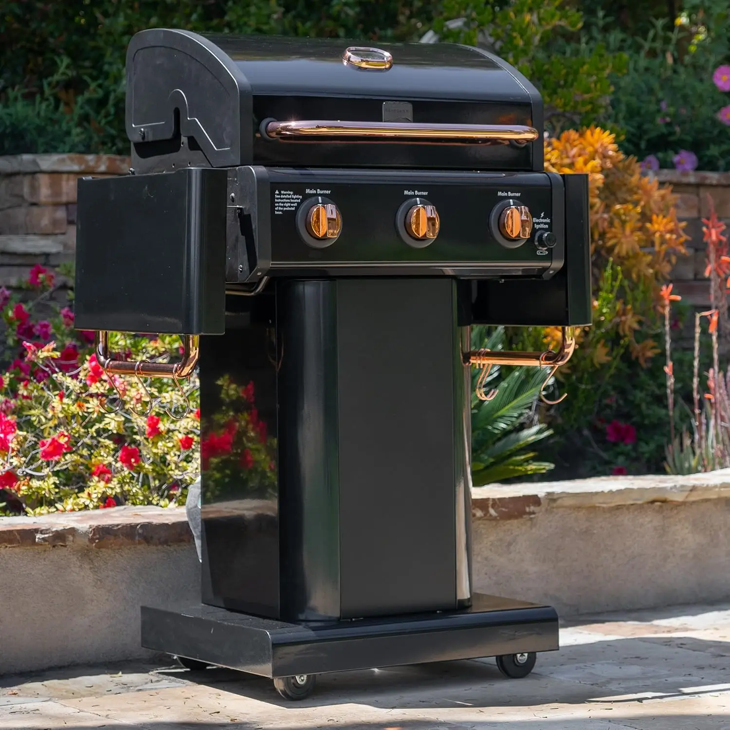 3-Burner Gas Grill Foldable Side Tables Cast Iron Cooking Grates Warming Rack Hooks for BBQ Grilling Tools Propane Gas Barbecue