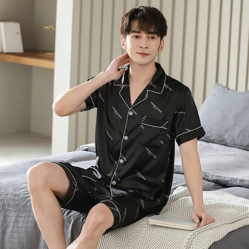 Summer Men's Thin Ice Silk Pajamas Short Sleeve Cardigan Shorts Two Piece Set Fashion Oversized Simulation Silk Home Clothing