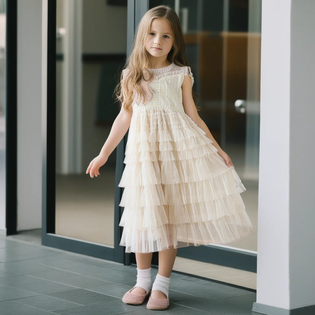 Tulle Tiered Dress for Girls 2025 New Summer Sleeveless Vest Princess Dress Daily Party Holiday Beige Teenage Children Clothes