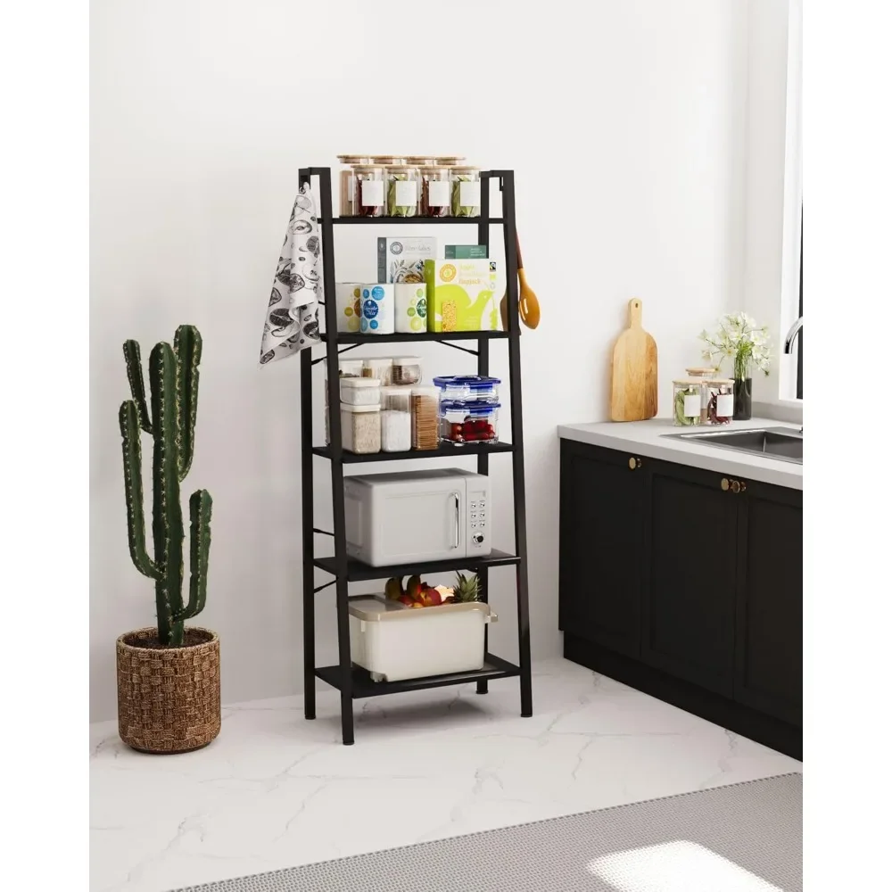 Bookshelf, Ladder Shelf, Freestanding Corner Storage Shelve with 2 Hooks for Home Office, Living Room, 5-Tier Black Bookcase 5