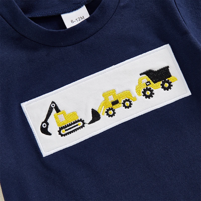 Toddler Infant Baby Boys Summer Clothing Sets Short Sleeve Tractor Embroidery T-shirt Tops + Striped Shorts 2pcs Outfit Boys Clothing Set