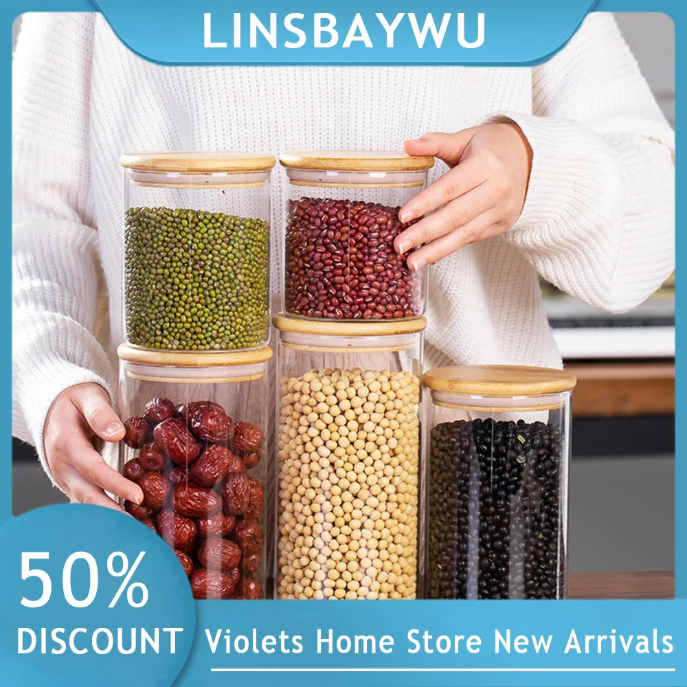 Round Glass Storage Jars With Bamboo Lid For Coffee Beans Grains Noodles Food Storage Containers Kitchen Organizers