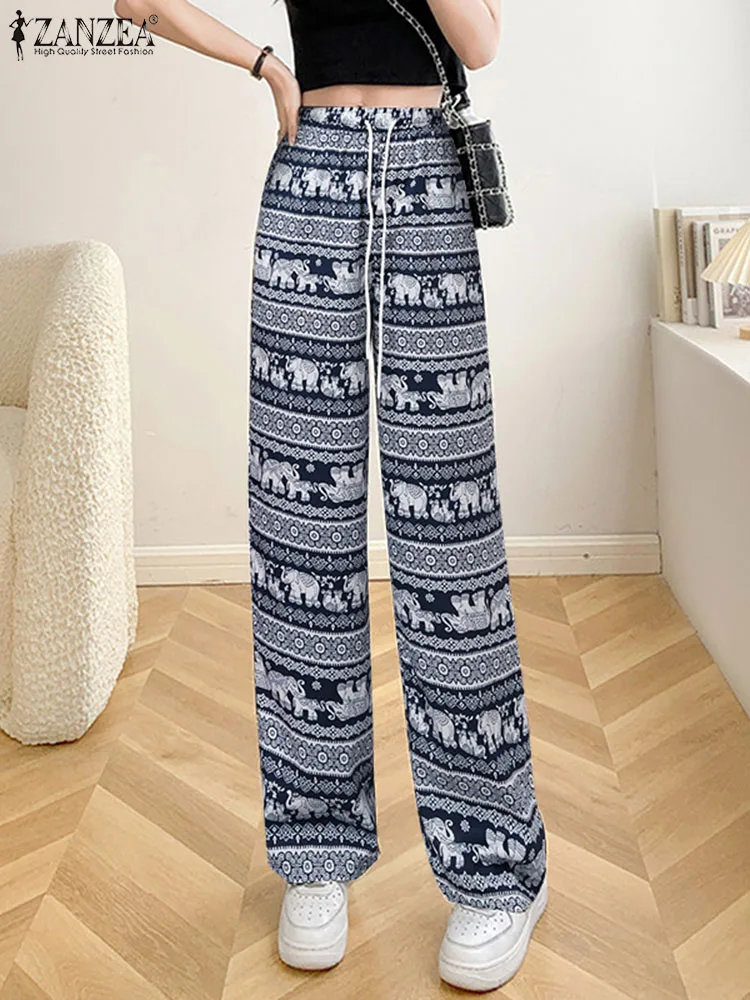 

ZANZEA 2023 Autumn Fashion Straight Pantalons Women Elastic Waisted Pants Printed Long Trouser Oversize Casual Pockets Bottoms