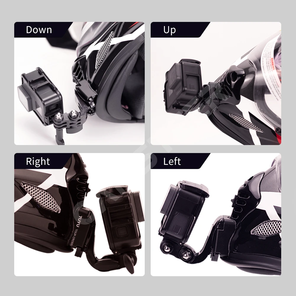 Angle latéral du support de caméra d'action pour casque moto, montrant la fixation sécurisée pour GoPro.