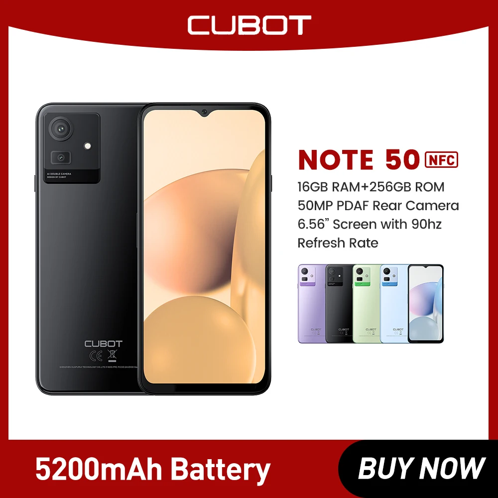 

Cubot NOTE 50, Smartphone 16GB RAM(8GB+8GB Extended), 256GB ROM, 6.56" 90Hz Screen, Octa-Core, NFC, 50MP Camera, 5200mAh